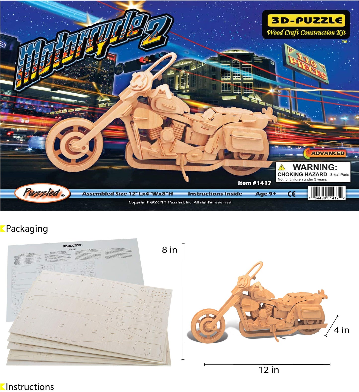Puzzled 3D Puzzle Motorcycle Wood Craft Construction Model Kit, Fun & Educational DIY Wooden Toy Assemble Model Unfinished Crafting Hobby Puzzle