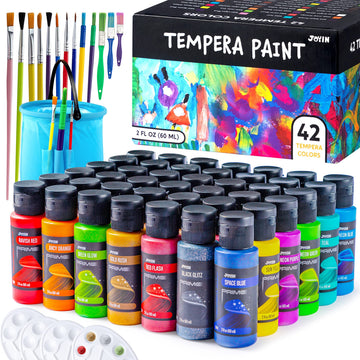 JOYIN Washable Tempera Paint Set for Kids 42PCS, Non Toxic Liquid Paint with 15 Brushes and 4 Palettes - Art Supply for Kids for Arts and Crafts