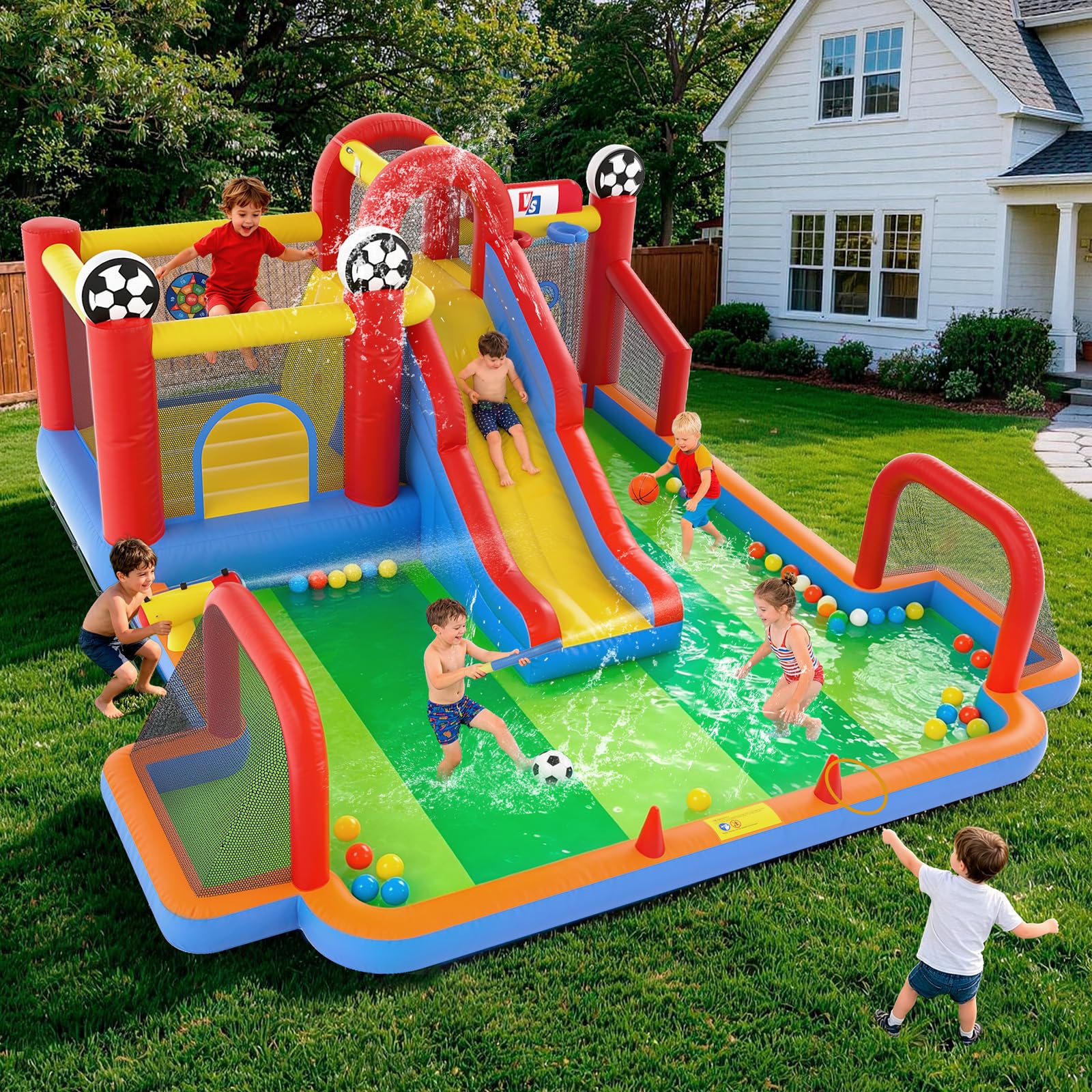 Inflatable Bounce House for Big Kids, 11 in 1 Gameplay Mode Bounce House with Slide, Soccer Bounce House with Water Slide for Backyard, Party