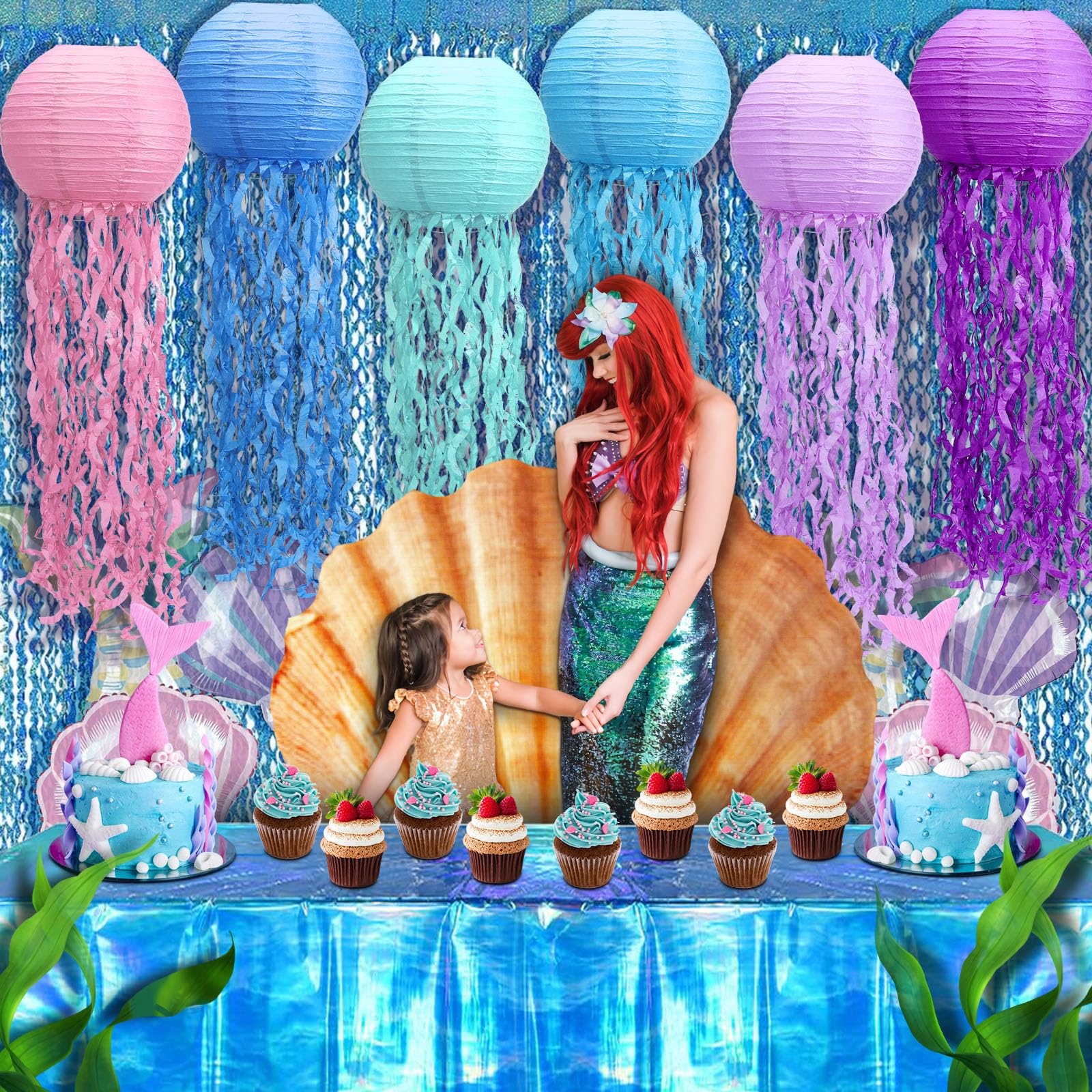 Fufuddz Under The Sea Party Decorations, Ocean Themed Party Decorations with Jellyfish Decor Blue Fringe Backdrop Tablecloth for Classroom Decor Beach