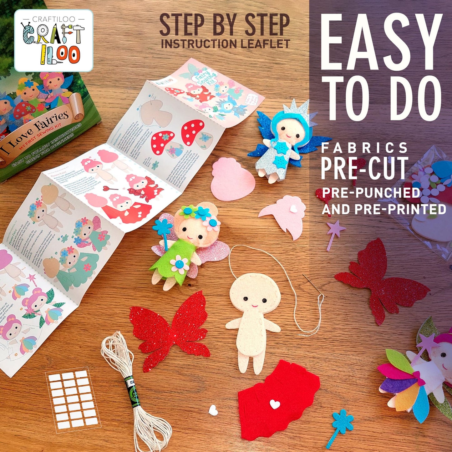 CRAFTILOO Fairy Sewing Kit for Kids Ages 5-12 - Beginner Sewing Kit with 5 Pre-Cut Felt Projects - Make Your Own Stuffed Animal Plush Dolls - Fun