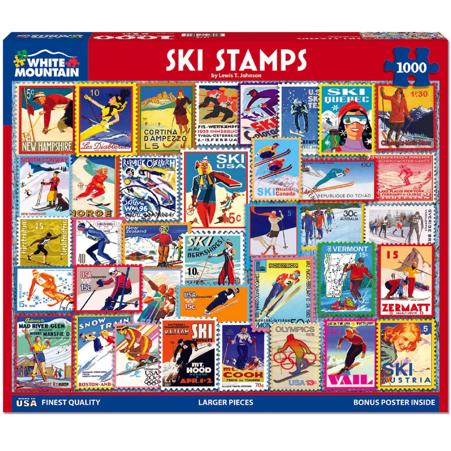 White Mountain 1000 Piece Jigsaw Puzzle Winter Christmas, Ski Stamps