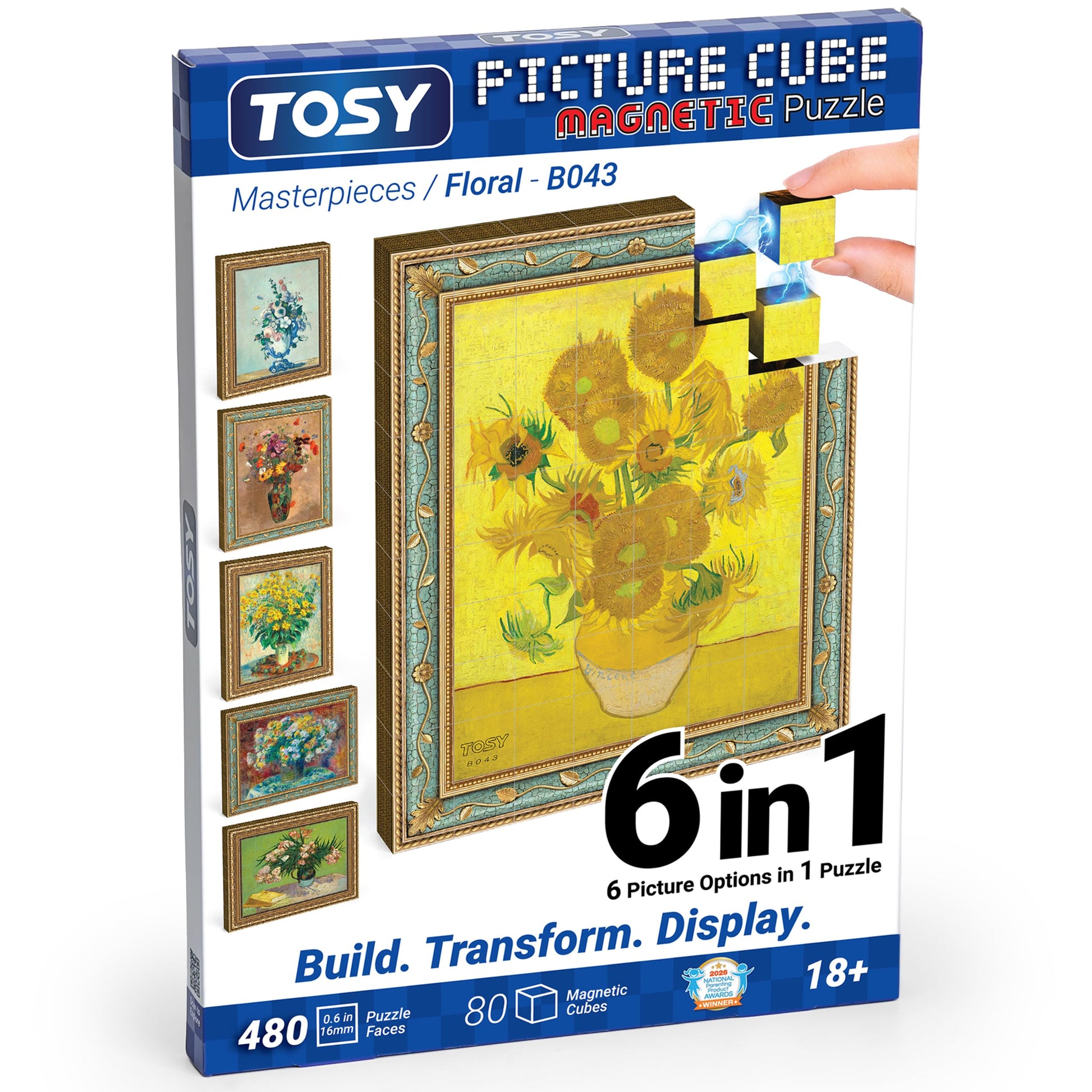 TOSY Picture Cube Floral Masterpieces: 6-in-1 Magnetic Picture Puzzle, 80 Blocks, 480 Puzzle Faces, 0.6in, B043, Seamless UV Art, Display-Ready Frame