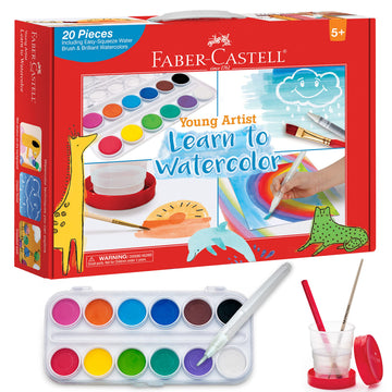 Faber-Castell Young Artist Learn to Watercolor - Watercolor Paint Set for Kids Ages 5+, Kid-friendly and Washable Watercolor Paint (Packaging May