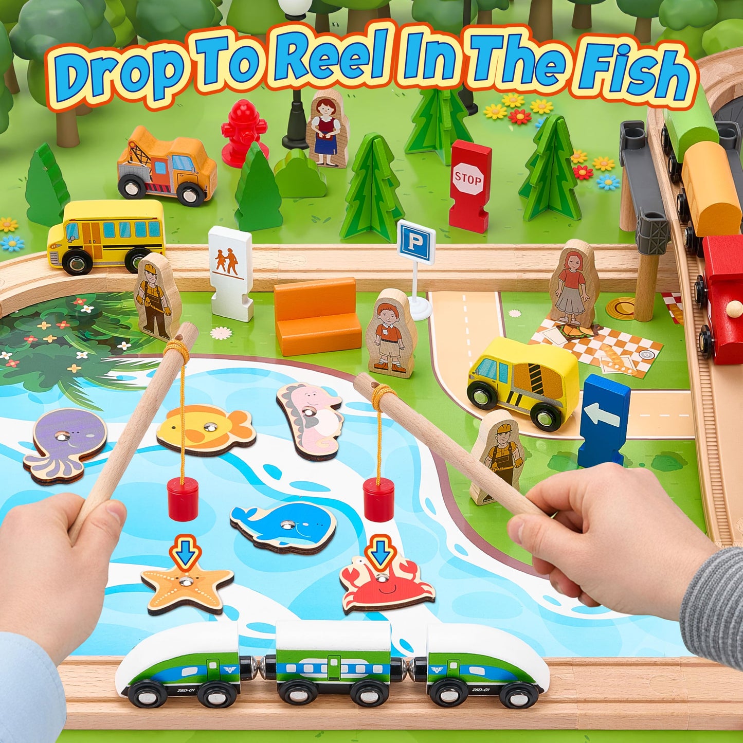 Wooden Train Set 175-Piece for Toddlers Kids Ages 3-8, Double-Sided Expandable Train Track with Puzzles & Magnetic Fishing Toys Compatible with Major