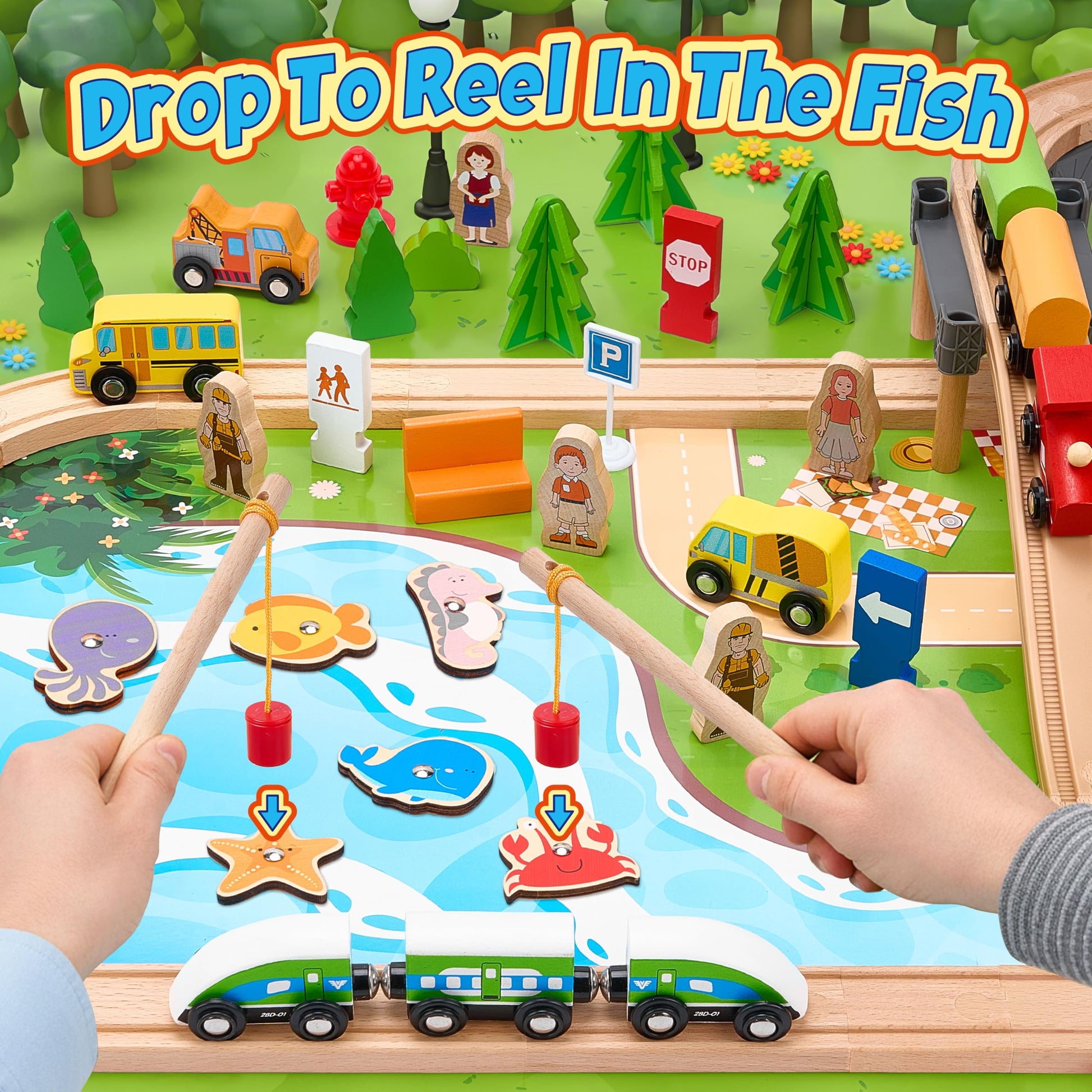 Wooden Train Set 175-Piece for Toddlers Kids Ages 3-8, Double-Sided Expandable Train Track with Puzzles & Magnetic Fishing Toys Compatible with Major