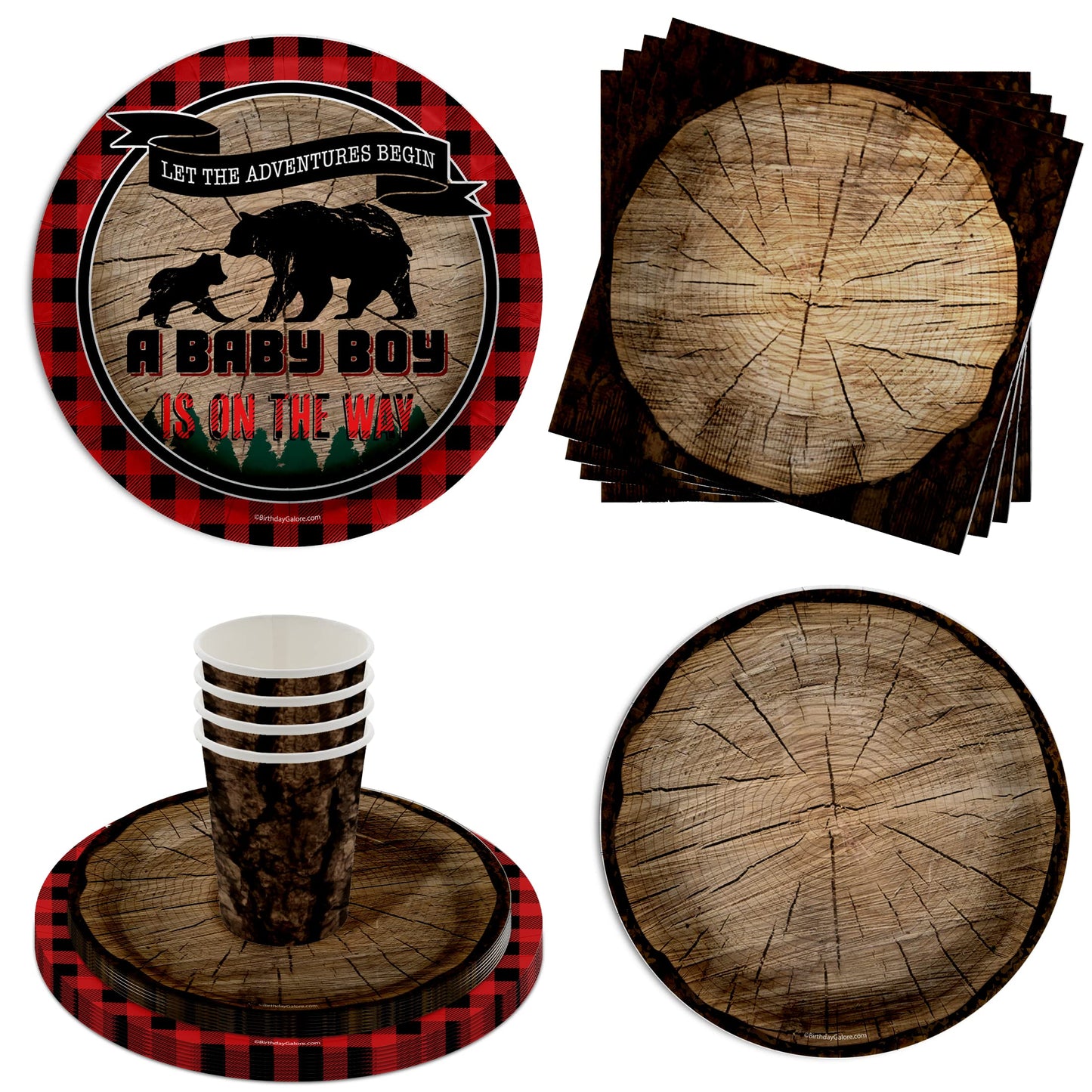 Let The Adventures Begin Tree Boy Baby Shower Party Supplies - 64 Piece Rustic Baby Shower Tableware Set Includes Large 9" Dinner Plates and 7"