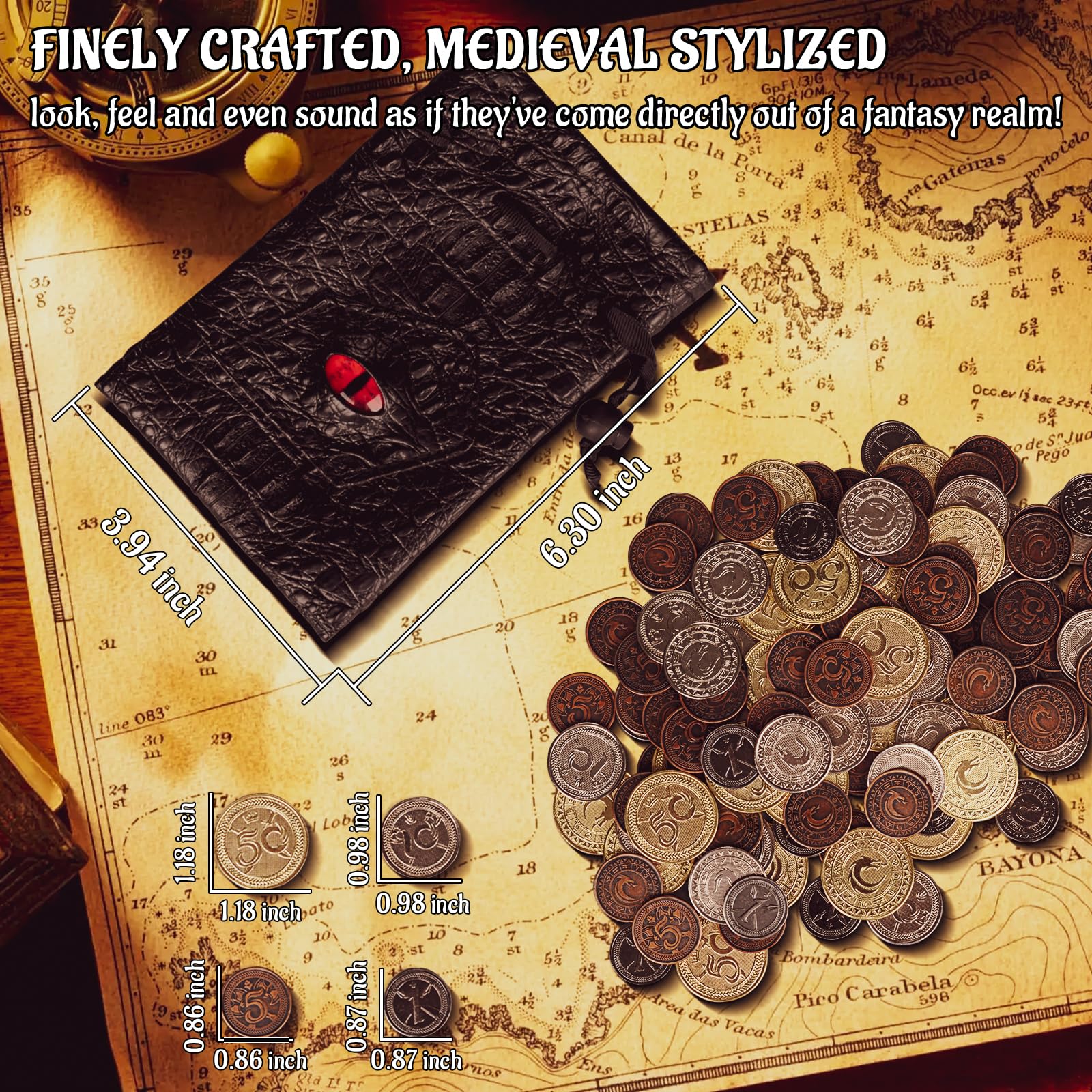 CZYY Metal Game Coins Set, 60 Fantasy Currency Tokens with Leather Pouch