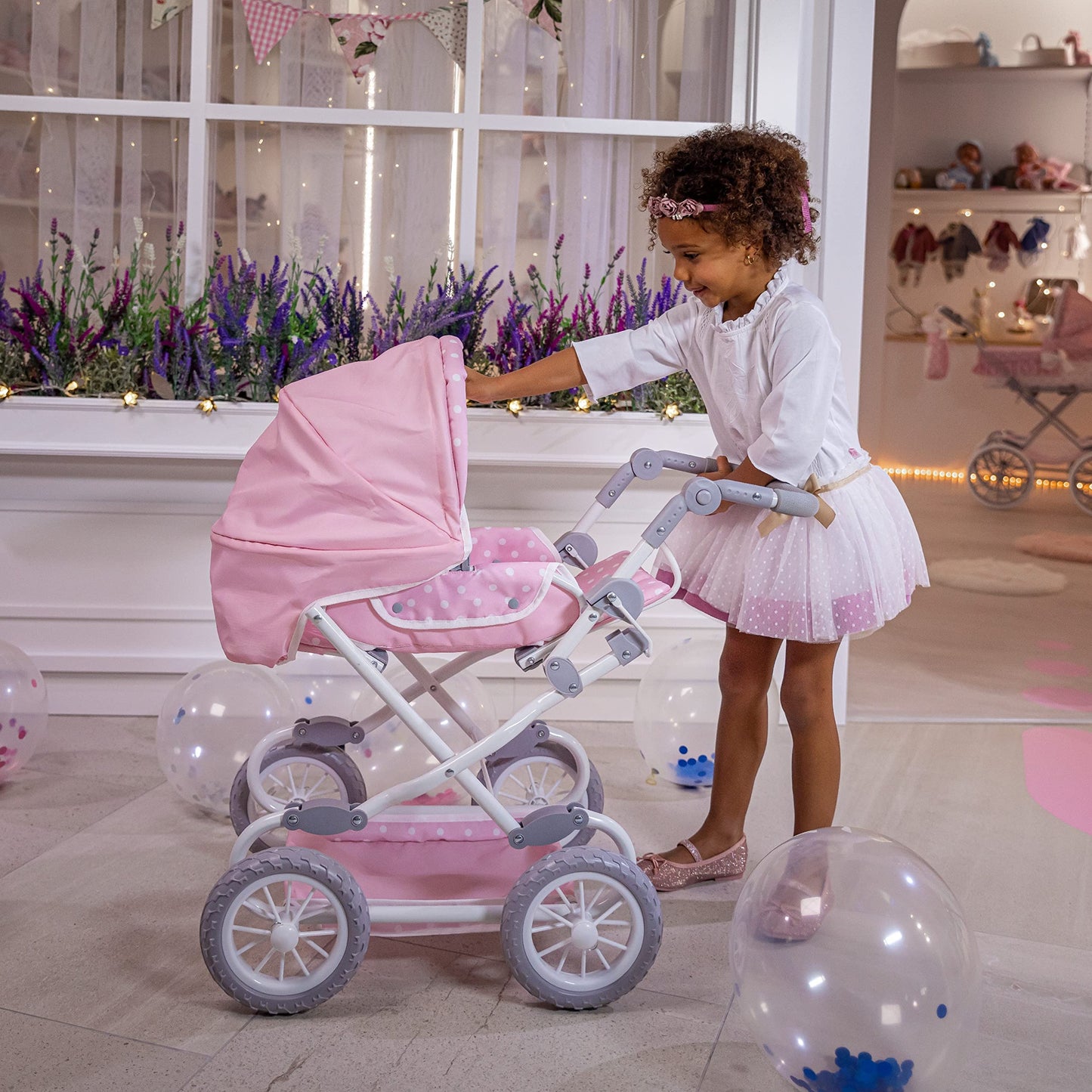 JC Toys | Berenguer Boutique | Deluxe Foldable Baby Doll Stroller with Canopy | Removable Carry Basket | Pink | Ages 3+