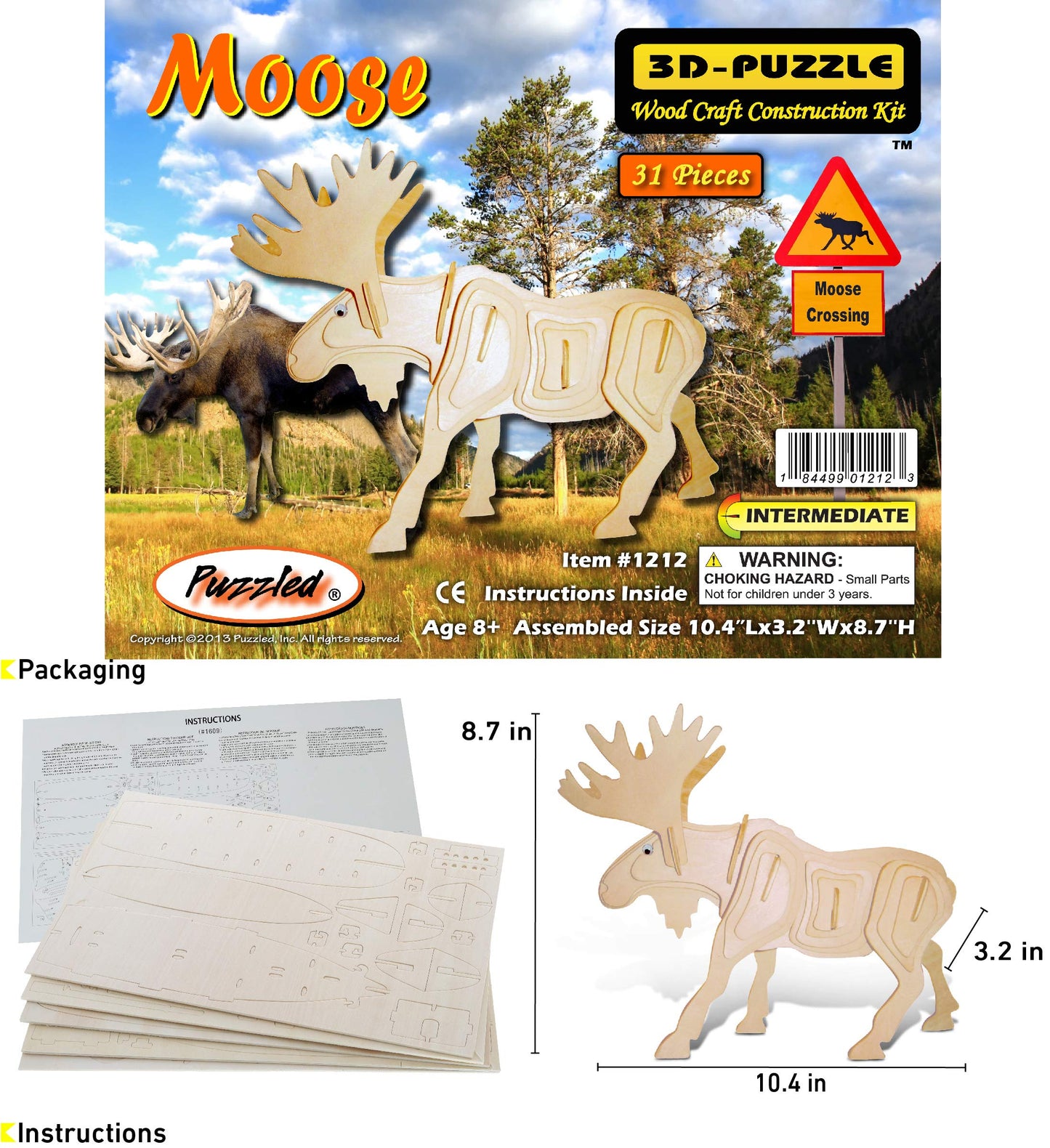 Puzzled 3D Puzzle Moose Wood Craft Construction Model Kit, Fun, Unique, Educational DIY Wooden Animal Toy Assemble Model Unfinished Crafting Hobby