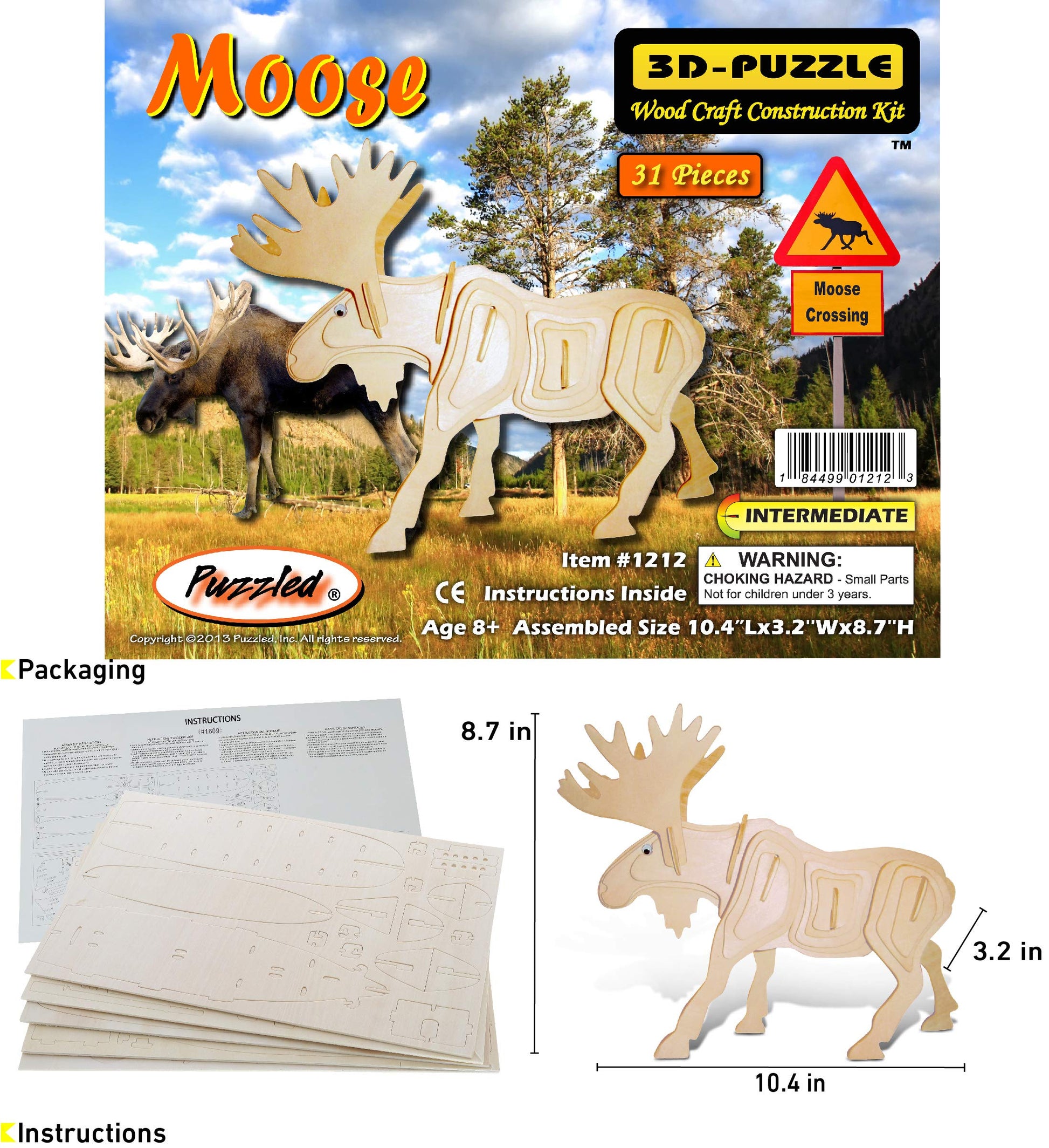 Puzzled 3D Puzzle Moose Wood Craft Construction Model Kit, Fun, Unique, Educational DIY Wooden Animal Toy Assemble Model Unfinished Crafting Hobby