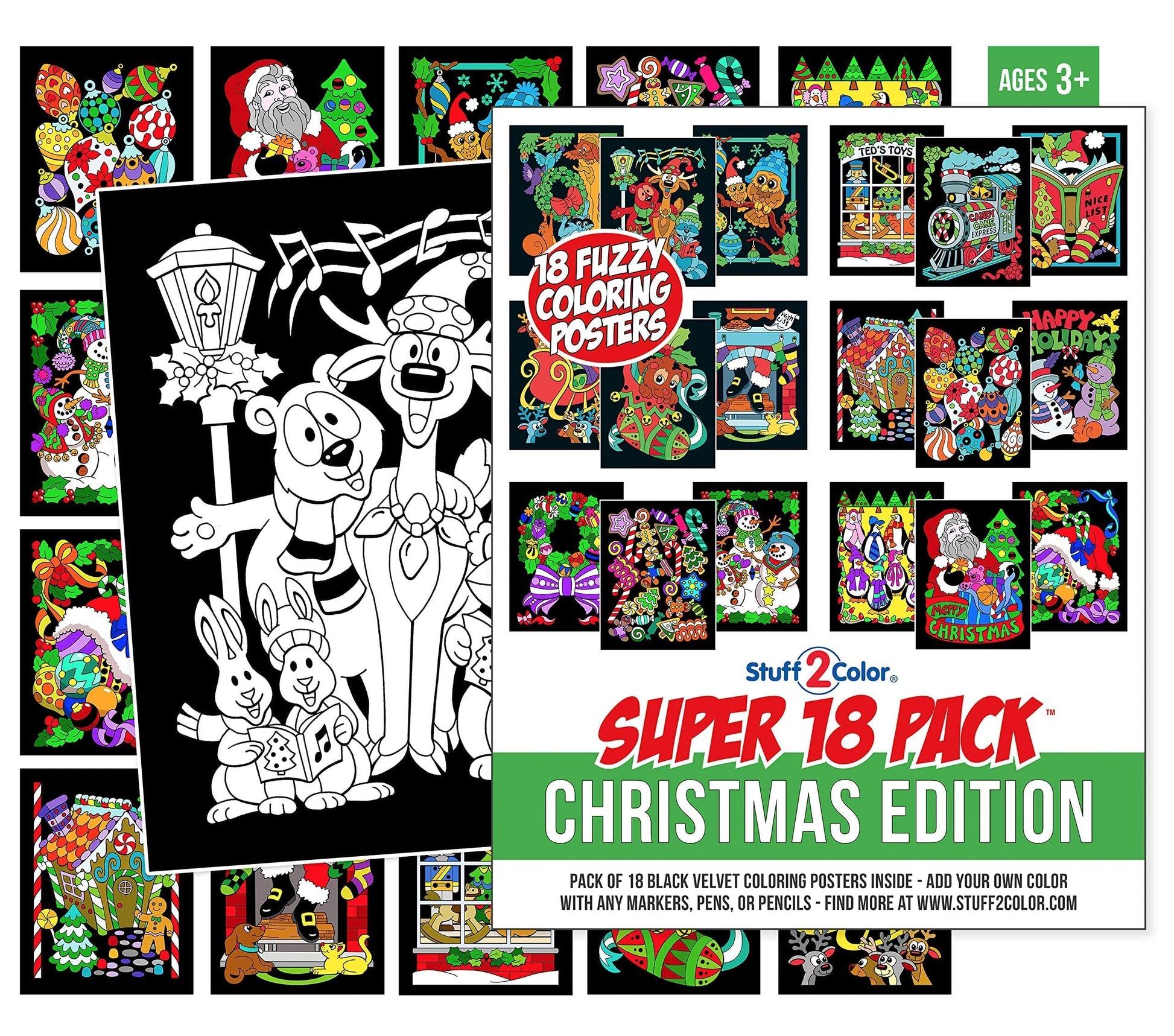 Super Pack of 18 Fuzzy Velvet Coloring Posters (Christmas Edition) - Excellent Family Time Craft Project to Share and Color - All Ages DIY Coloring