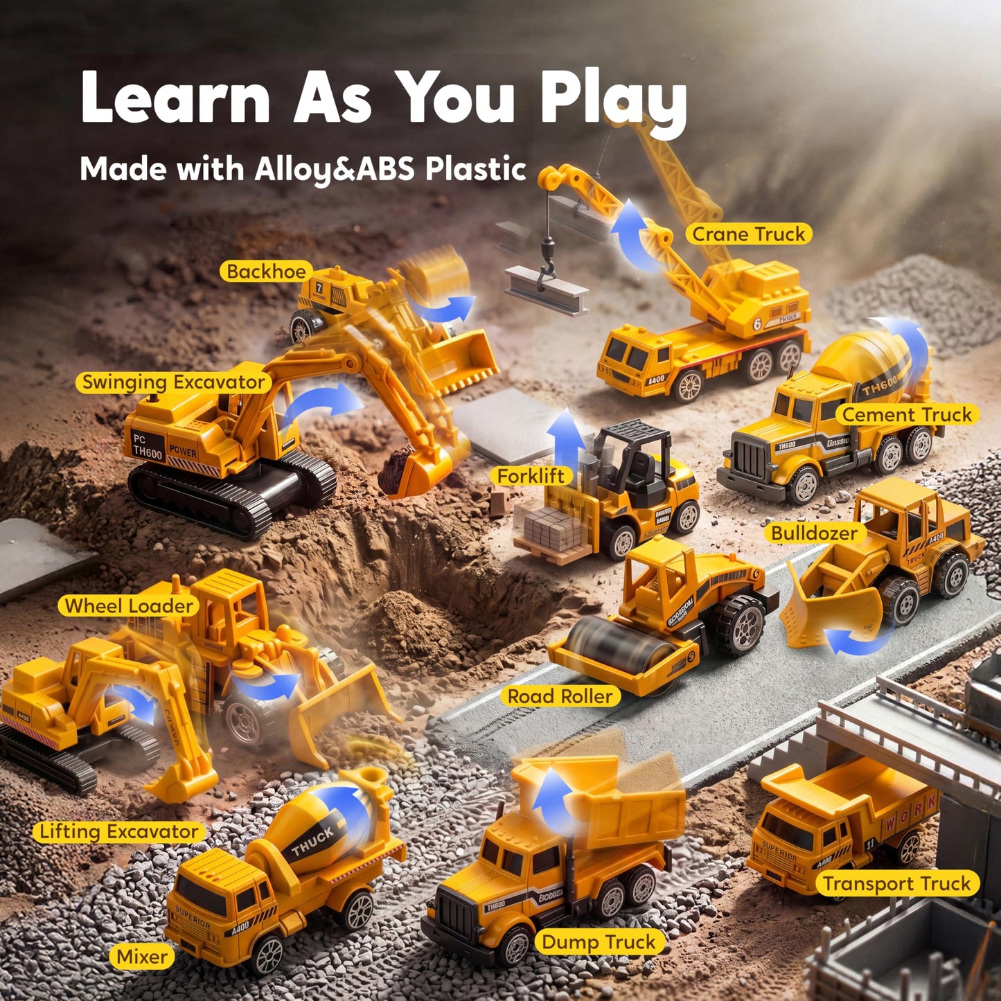 JOYIN 25-in-1 Construction Truck Toy Set with 12 Vehicles & 12 Worker Figures, Push and Go Toy Trucks with Sound and Light, Construction Toys Birthday