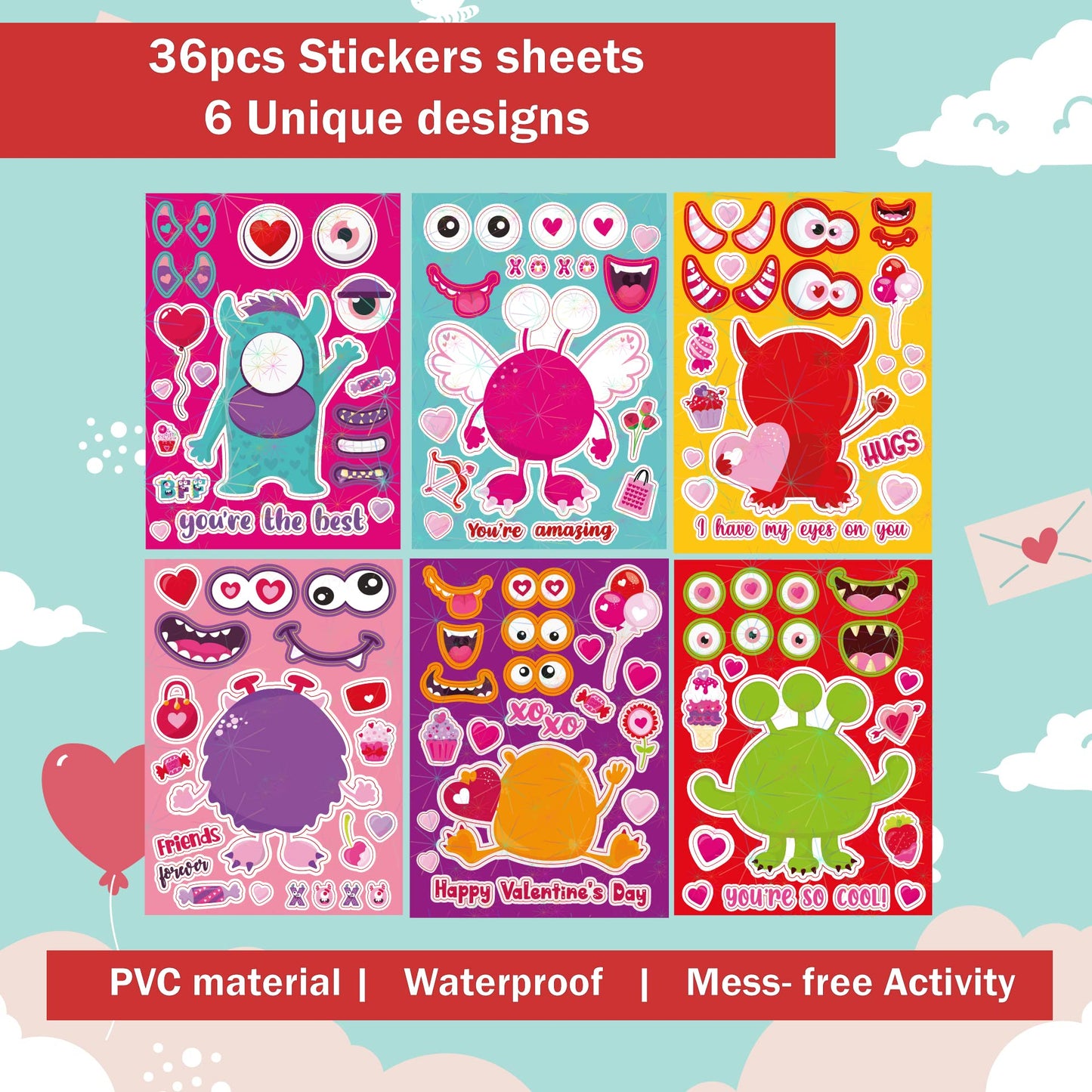 Monster Valentines Day Crafts for Kids,36 pcs Valentine Stickers Sheets DIY Art Cards Gift for School Activities or Valentine's Party Supplies Goodies