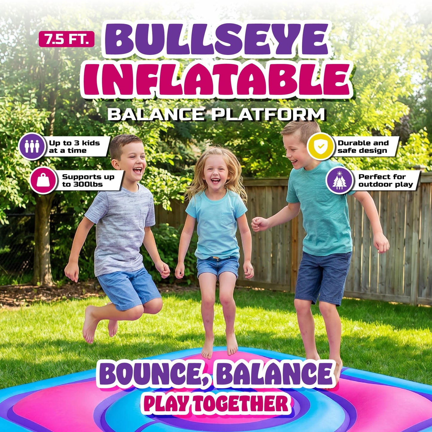 Playland 7.5 FT Inflatable Balance Platform for Kids - Bullseye Wobble Bounce Pad, Outdoor Play Toy for Backyard, Supports 300 lbs, Up to 3 Kids