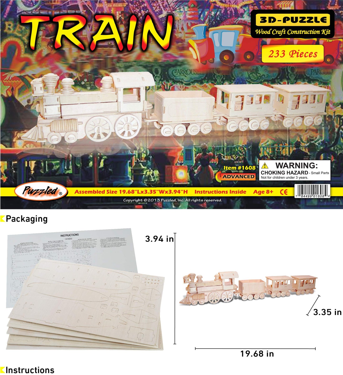 Puzzled 3D Puzzle Train Wood Craft Construction Model Kit, Fun Unique & Educational DIY Wooden Toy Assemble Unfinished Craft Hobby Classic Train