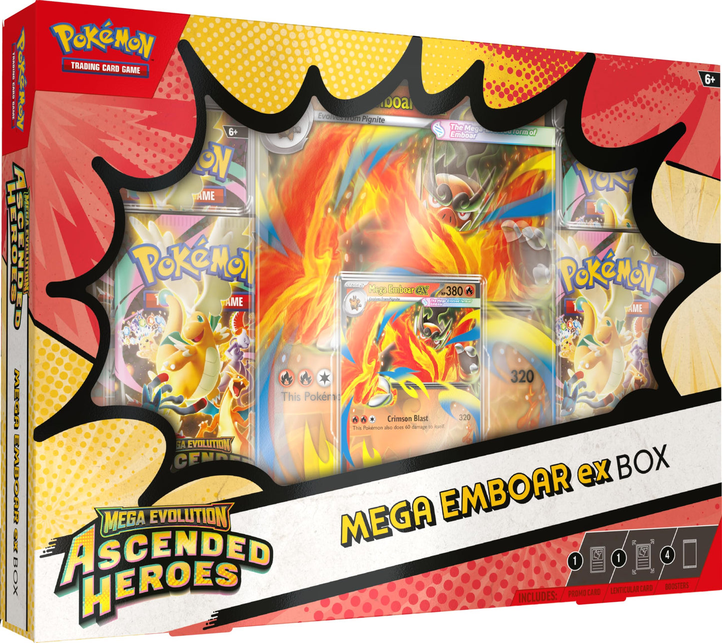 Pokémon TCG: Mega Evolution-Ascended Heroes Mega Emboar ex Box (1 Foil Promo Card, 1 Oversize Lenticular Card & 4 Booster Packs)