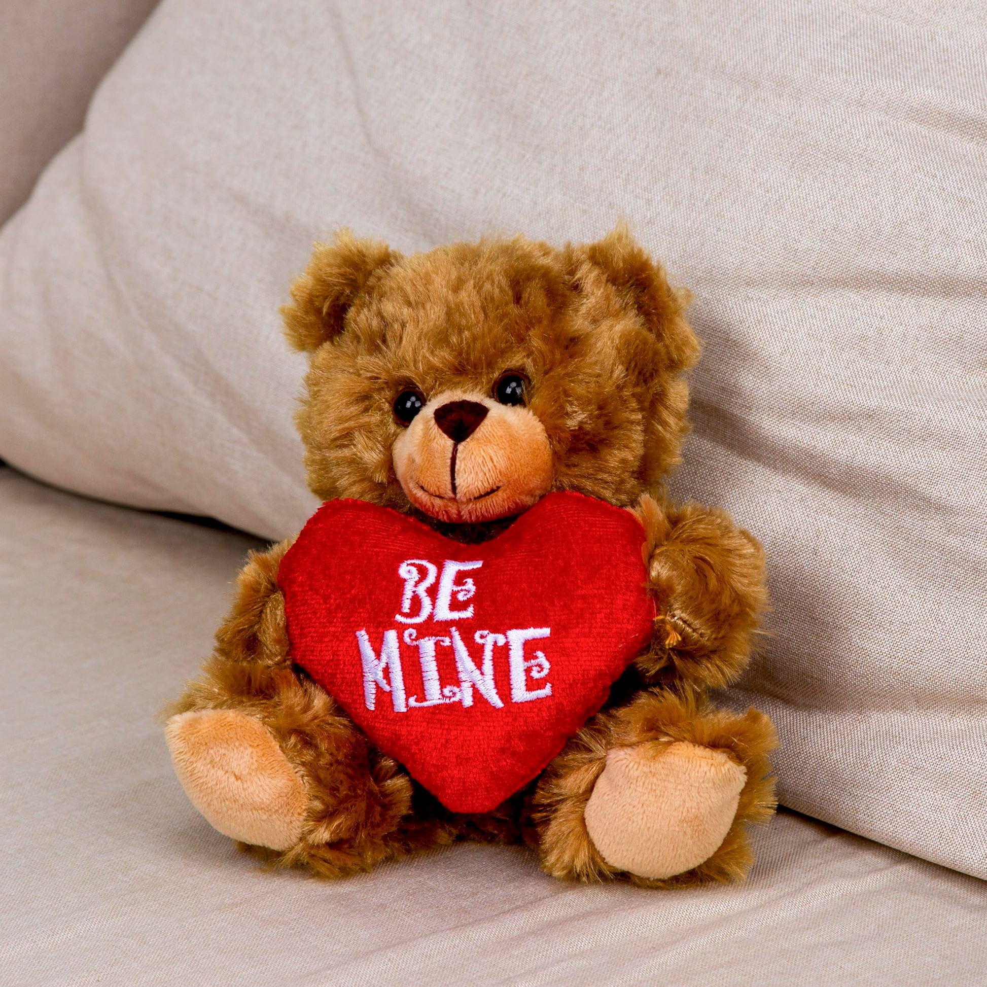 Plushland Stuffed Mocha Heart Bear - Be Mine- Plush Bear Toy for Kids & Adults - Embroidered Heart Pillow - Brown-6 inches