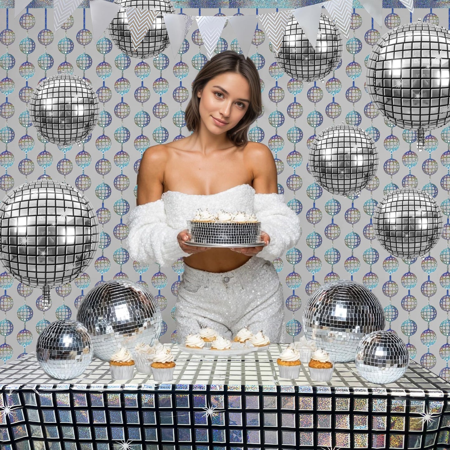 12PCS Disco Party Decorations Supplies Sequin Backdrop Disco Ball Women Men 60s 70s Birthday Party Decorations Tablecloth 2PCS Silver Foil Fringe