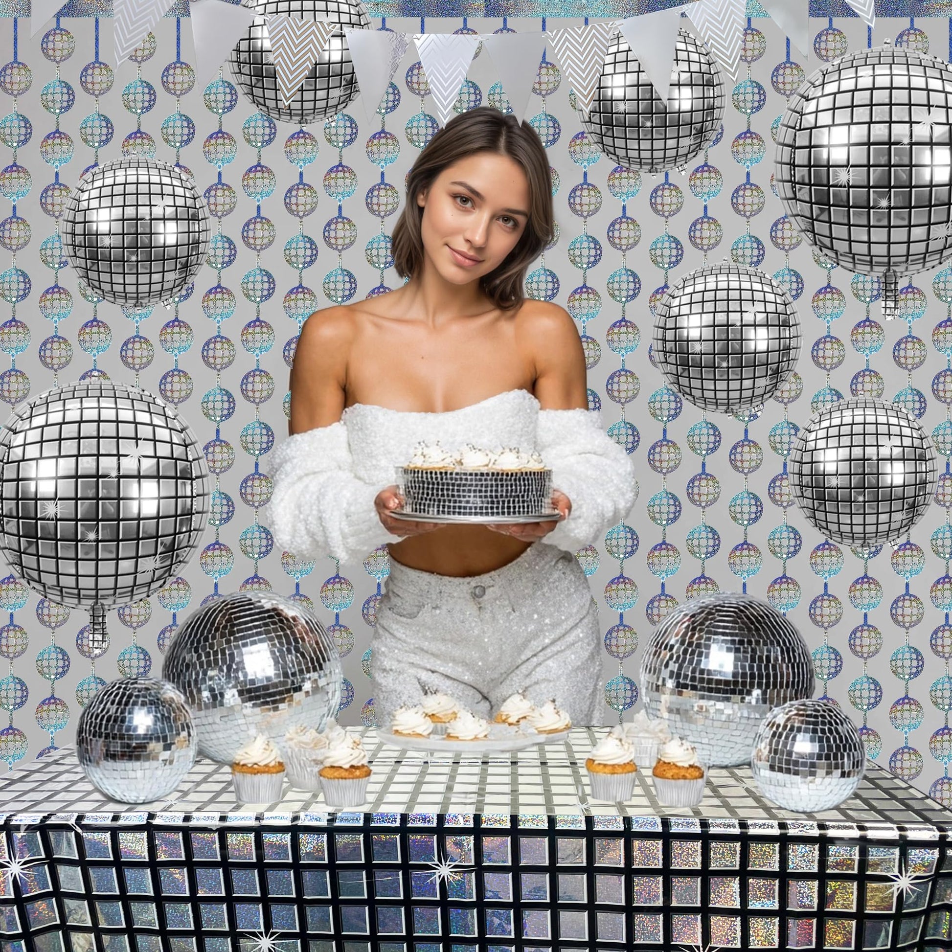 12PCS Disco Party Decorations Supplies Sequin Backdrop Disco Ball Women Men 60s 70s Birthday Party Decorations Tablecloth 2PCS Silver Foil Fringe