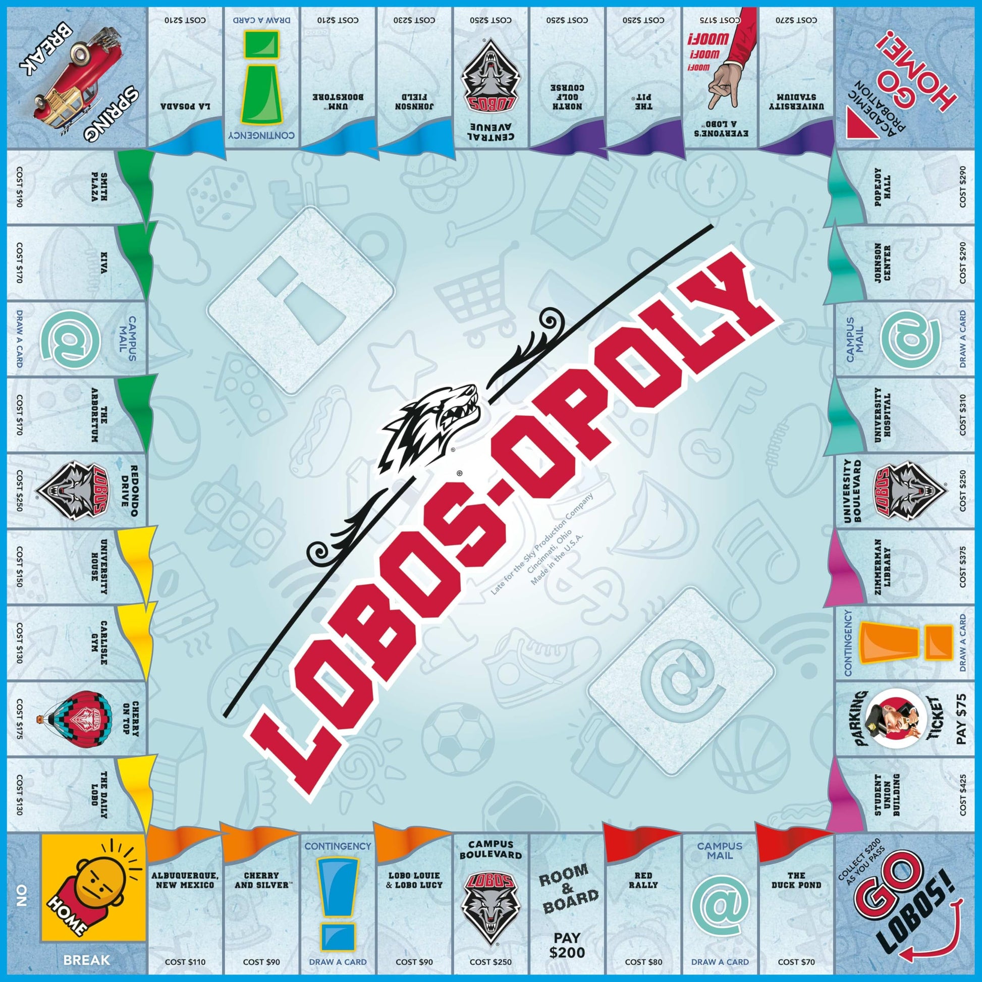 Late for The Sky Lobos-Opoly Board Game - University of New Mexico UNM Lobos Family Board Game, Campus Properties, Ages 8+, 2-6 Players, Traditional