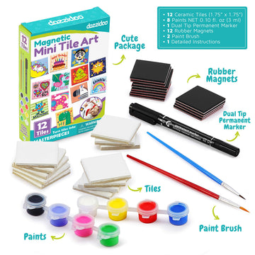 Magnetic Mini Tile Art - DIY Craft Kit; Design and Paint Magnet Tiles - Kids Paint Arts & Crafts Project; Includes 12 Tile Magnets, 8 Paint Colors, 2