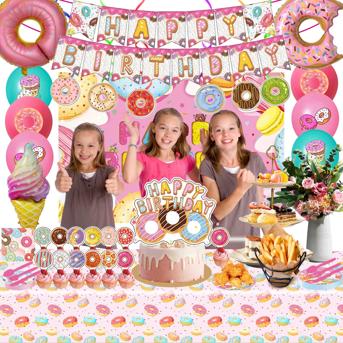 Donut Sweets Birthday Party Supplies, Donut Style Party Decorations Include Happy Birthday Banner, Backdrop, Tableware Set, Tablecloth, Cake Toppers