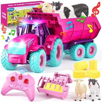 Funwee RC Tractor Toy Set with Light & Sound, Kids Farm Car Animal Trailer Wheels Remote Truck, Outdoor Vehicle Toys for 3-7+ Years Old Toddler Boy