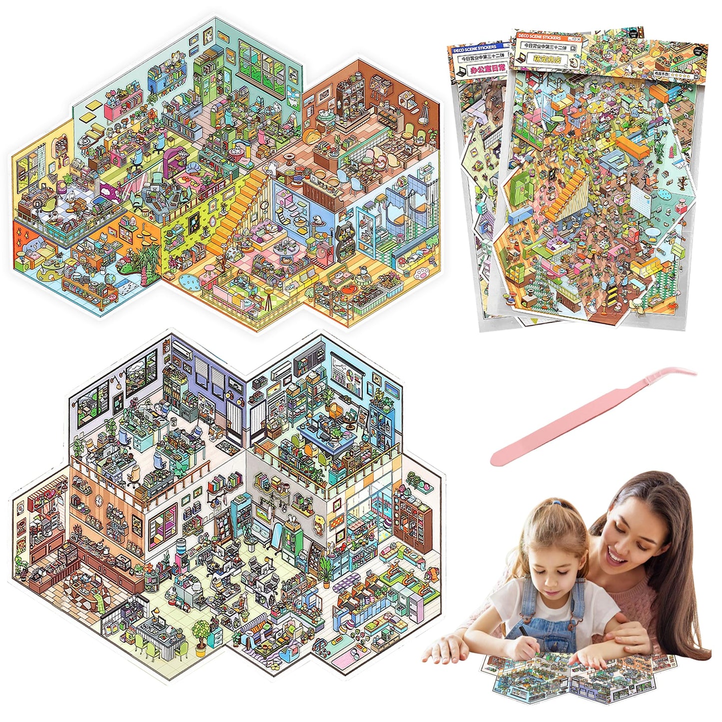 SZXYCZL Hard Mode Oversize Miniature Scene 2 Sets DIY 3D Stickers Scene Book Multiple Scenarios, Make You Own Mini Chinese House Sticker Therapy