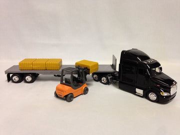 Peterbilt 387 Flatbed w/Forklift & Hay Bale Diecast 1:43 Replica,New Ray Toy SS-15123J