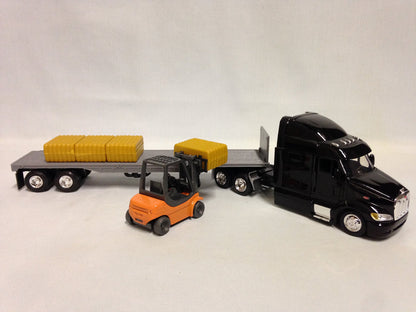 Peterbilt 387 Flatbed w/Forklift & Hay Bale Diecast 1:43 Replica,New Ray Toy SS-15123J