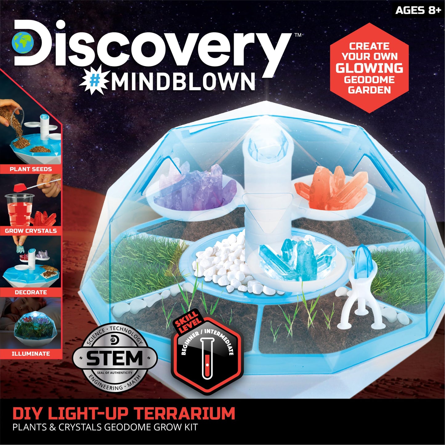 Discovery™ DIY Light-Up LED Terrarium - Plants & Crystals Geodome Grow Kit, 3 Colorful Crystal Formations, Rye Grass, Education STEM Activity Set
