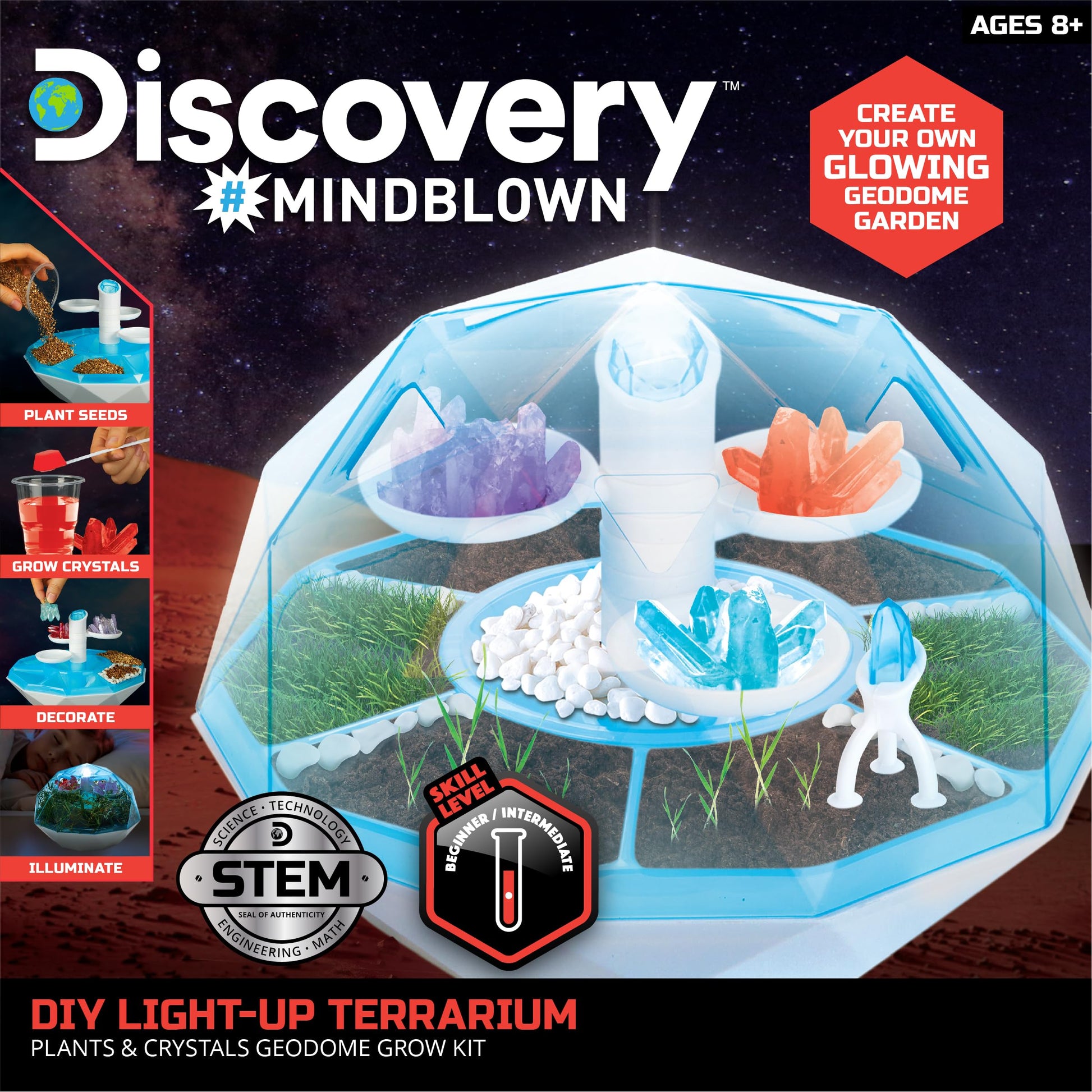 Discovery™ DIY Light-Up LED Terrarium - Plants & Crystals Geodome Grow Kit, 3 Colorful Crystal Formations, Rye Grass, Education STEM Activity Set