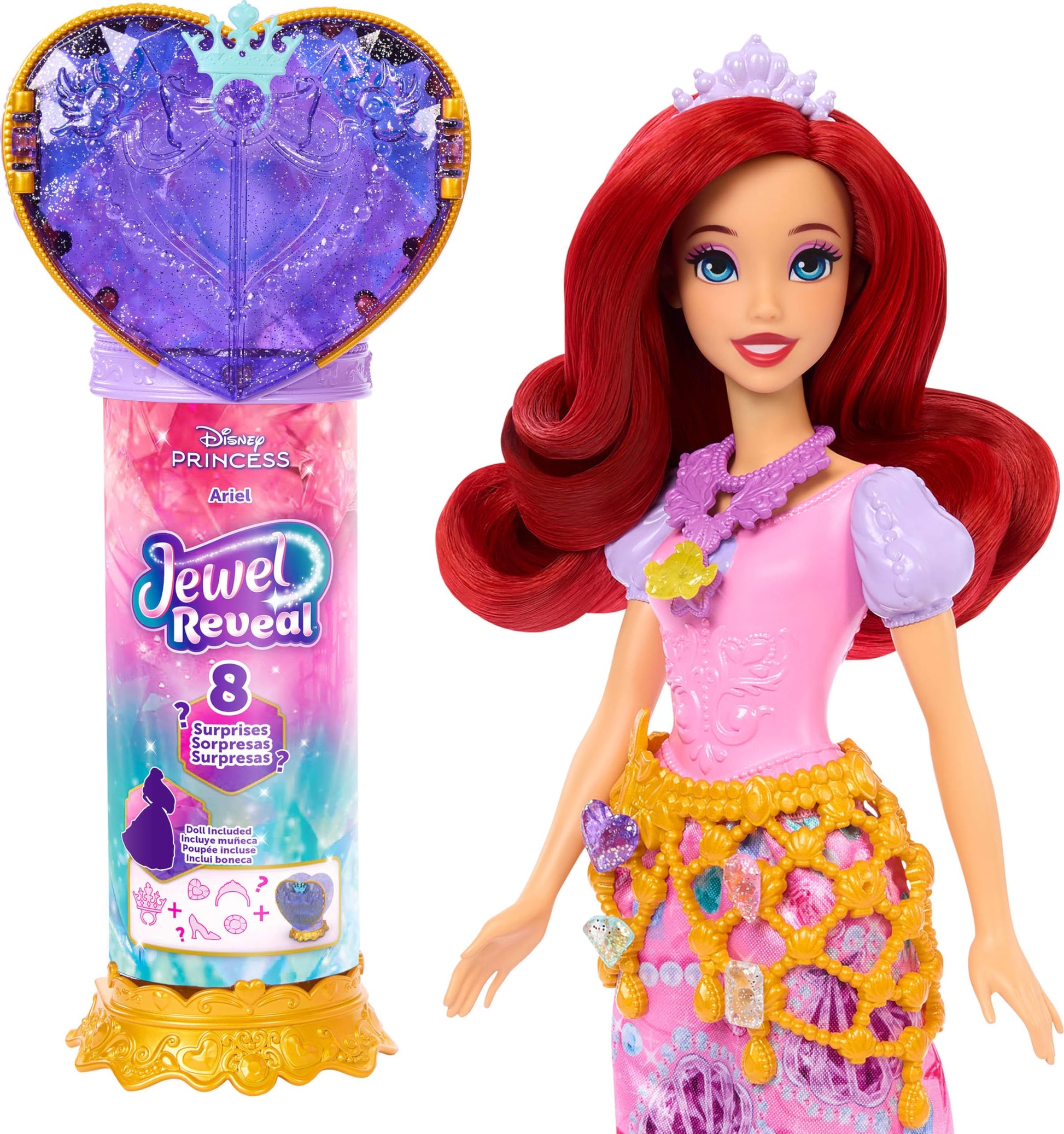 Mattel Disney Princess Ariel Fashion Doll & Accessories with 8 Surprises, Including Heart Gem Box, Ring for Child & 9 Play Pieces, Inspired by Movie