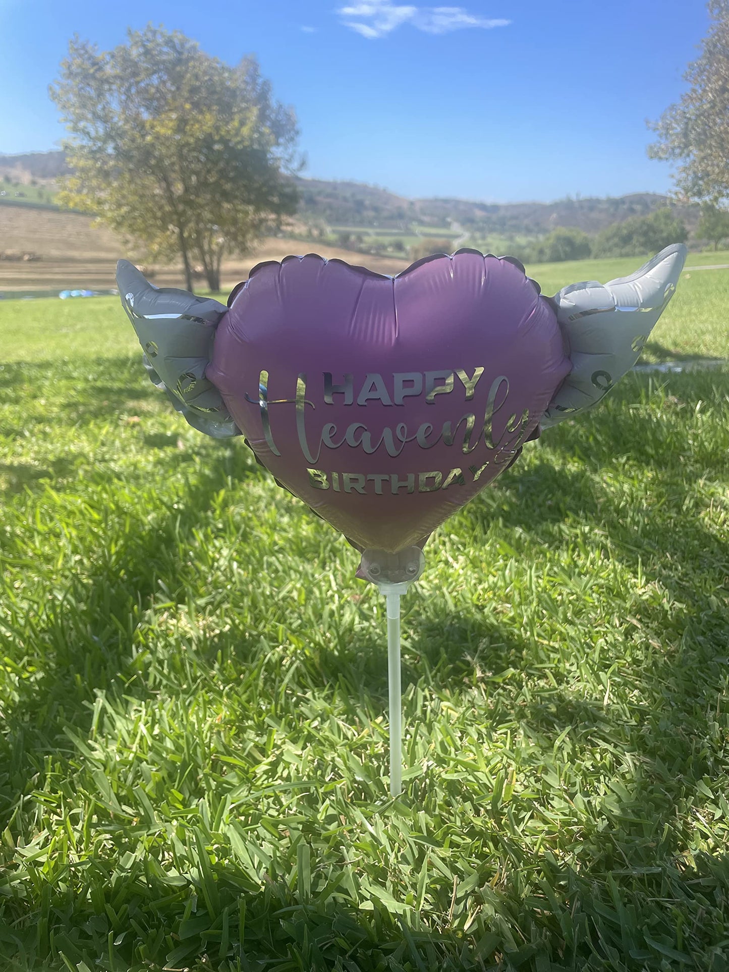 Pink Happy Heavenly Birthday Heart Balloon on a Stick with Angel Wings - Memorial & Remembrance