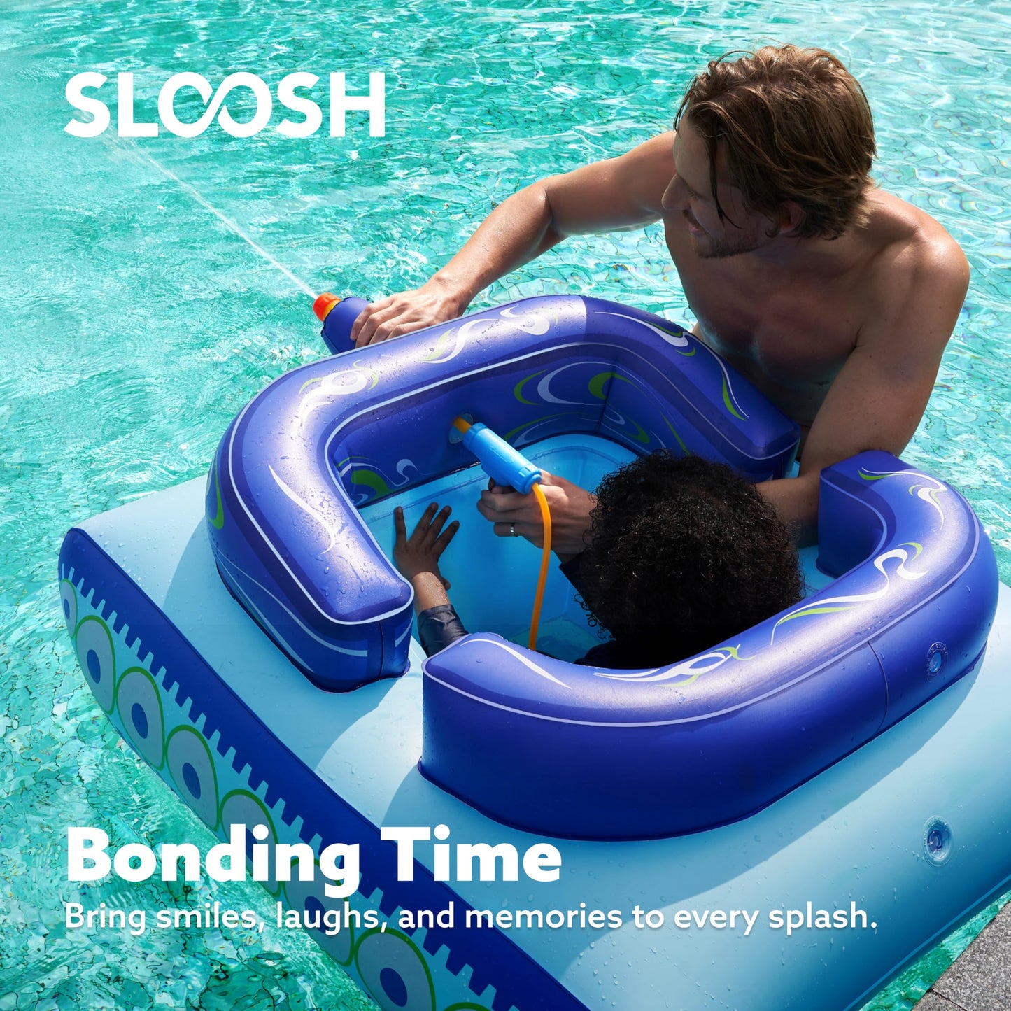 SLOOSH Inflatable Tank Pool Floats Kids, Pool Floaties Swimming Tank with Water Gun, Water Fight Toys, Inflatable Battle Fun for Summer