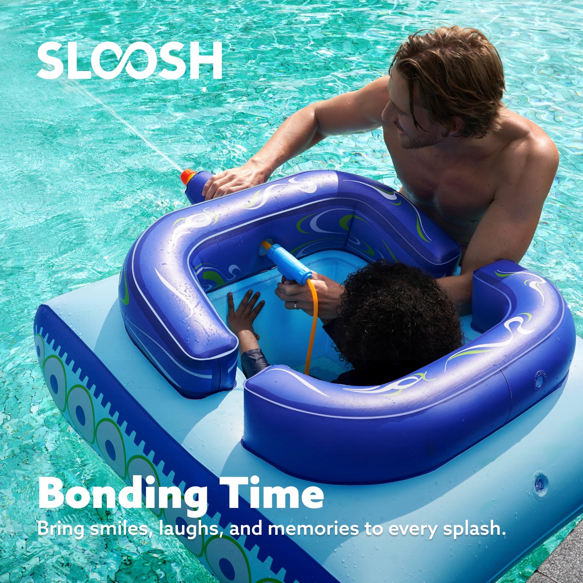 SLOOSH Inflatable Tank Pool Floats Kids, Pool Floaties Swimming Tank with Water Gun, Water Fight Toys, Inflatable Battle Fun for Summer