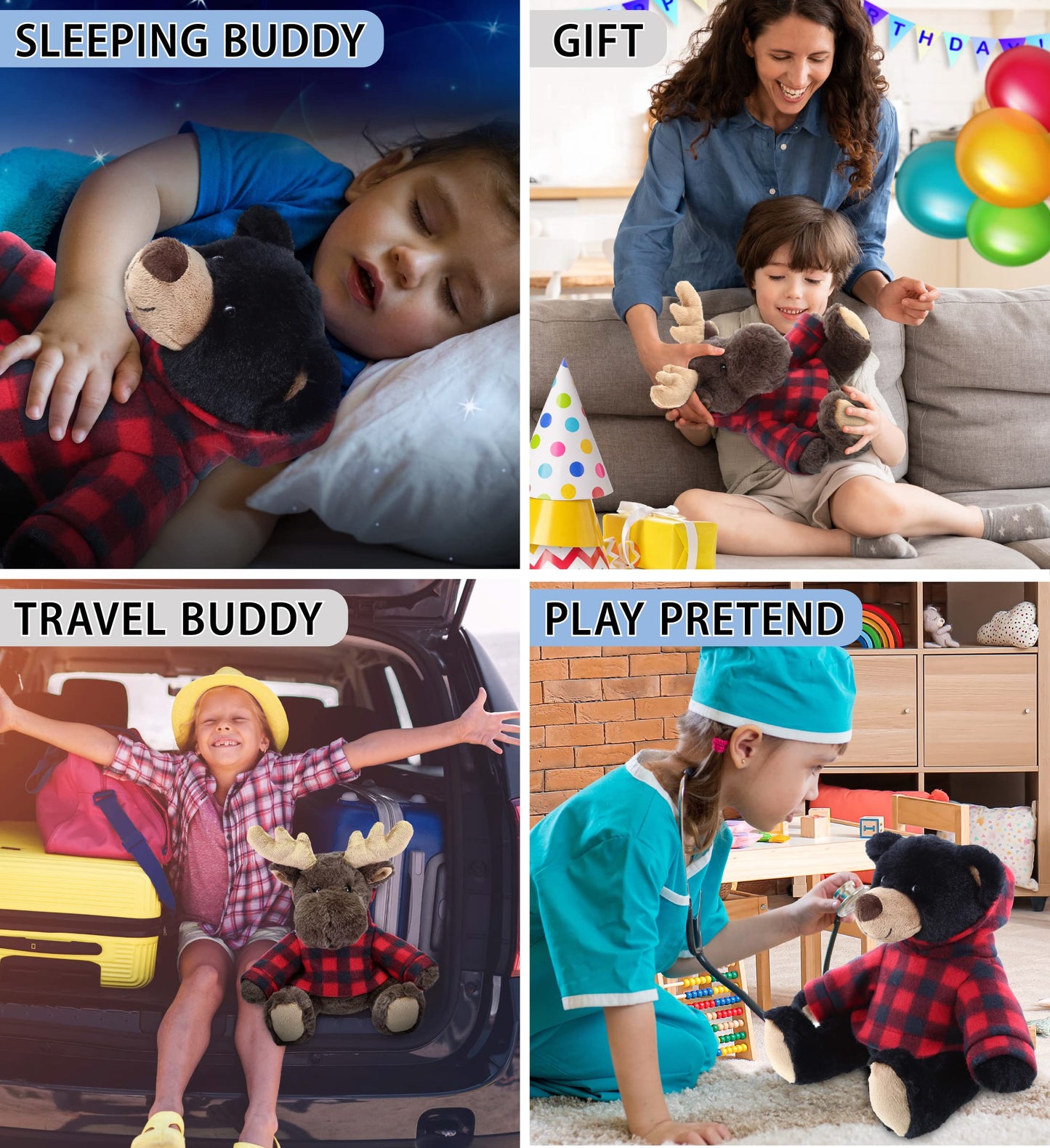 DolliBu Plush Black Bear and Moose with Red Plaid Hoodie - Soft Huggable Adorable Playtime Zoo Plush with Clothes, Cute Wildlife Cuddle Gift for Kids