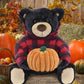 DolliBu Super Soft Plush Black Bear with Red Plaid Hoodie Stuffed Animal with Pumpkin Decor - Plush Animal for Fall, Halloween and Thanksgiving