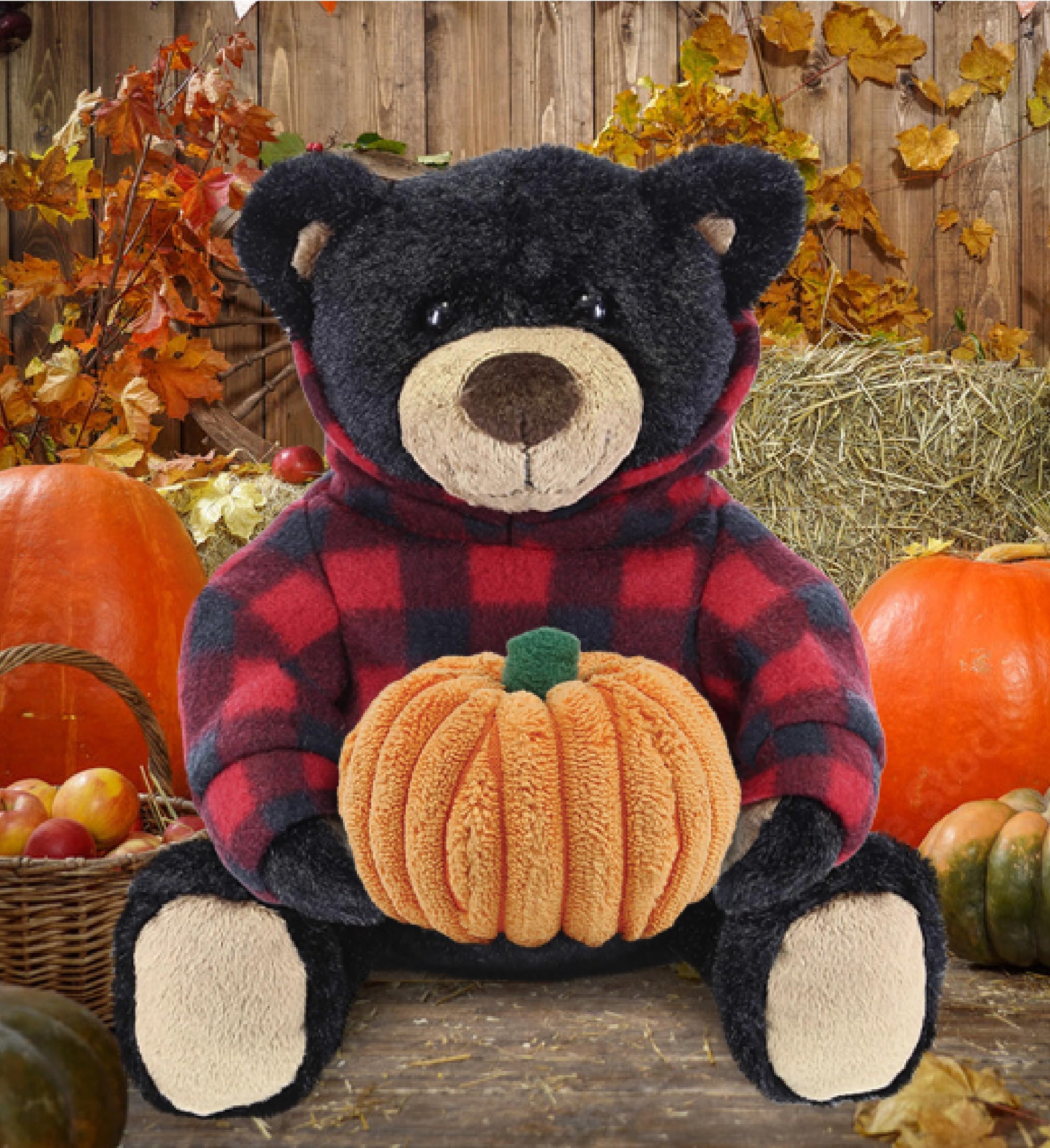 DolliBu Super Soft Plush Black Bear with Red Plaid Hoodie Stuffed Animal with Pumpkin Decor - Plush Animal for Fall, Halloween and Thanksgiving