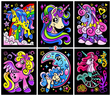 Stuff2Color Unicorn Joy - 6 Pack of Fuzzy Velvet Coloring Posters for Kids, Toddlers, Girls (All Ages Arts and Crafts Coloring Activity) Shareable Fun