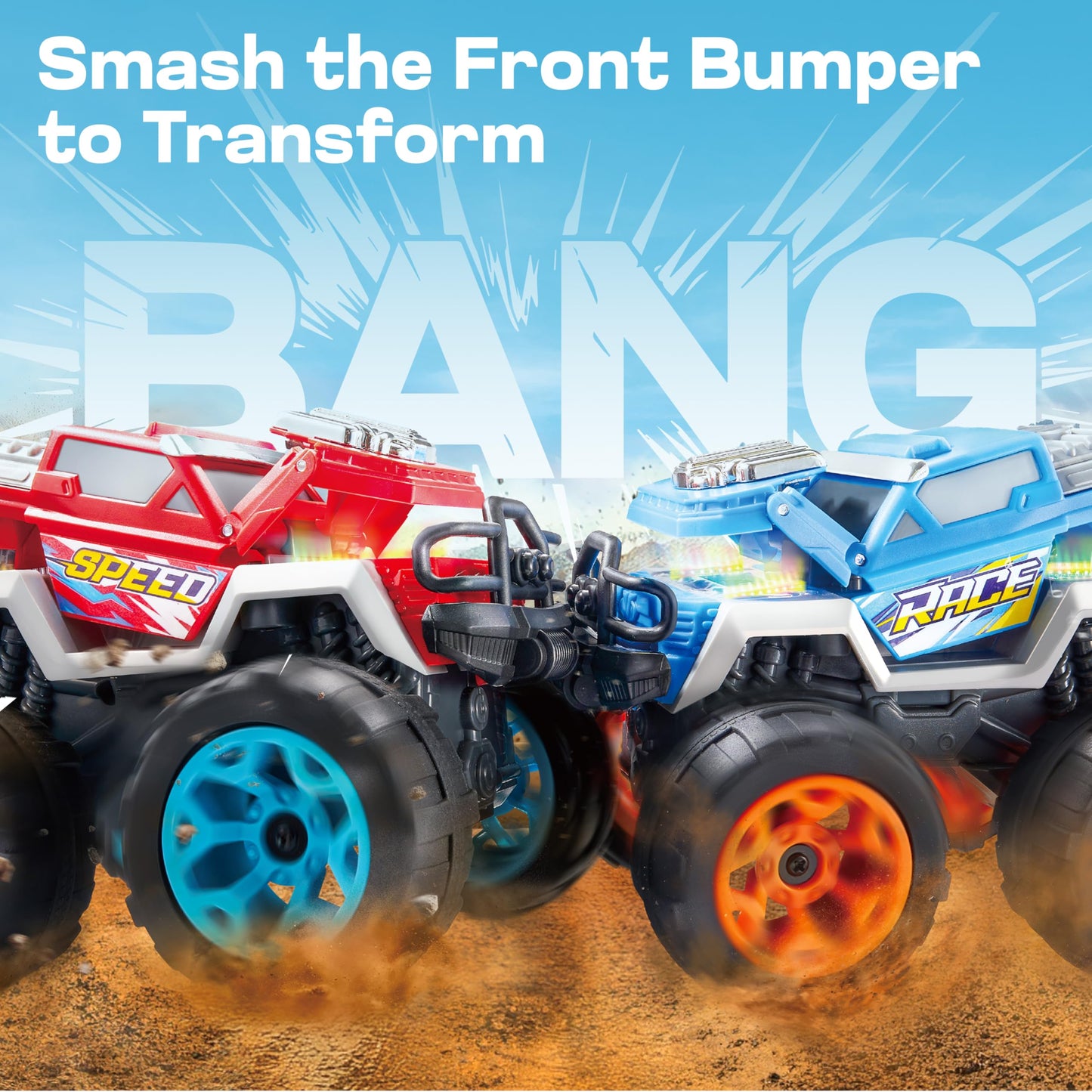 Jova Vroomix 2 Pack Smash & Bump Monster Truck Toys, Crashing Cars with Crash Sounds and Flashing Lights for Toddler Toys Age 3 4 5 6 7 Boy Birthday