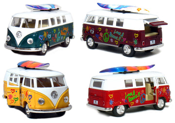 KiNSMART 1962 Volkswagen Classic Bus 1:32 Scale 5" Die Cast Metal Model Toy Van Pullback Acation (4 Set Surfboard Flower Power)