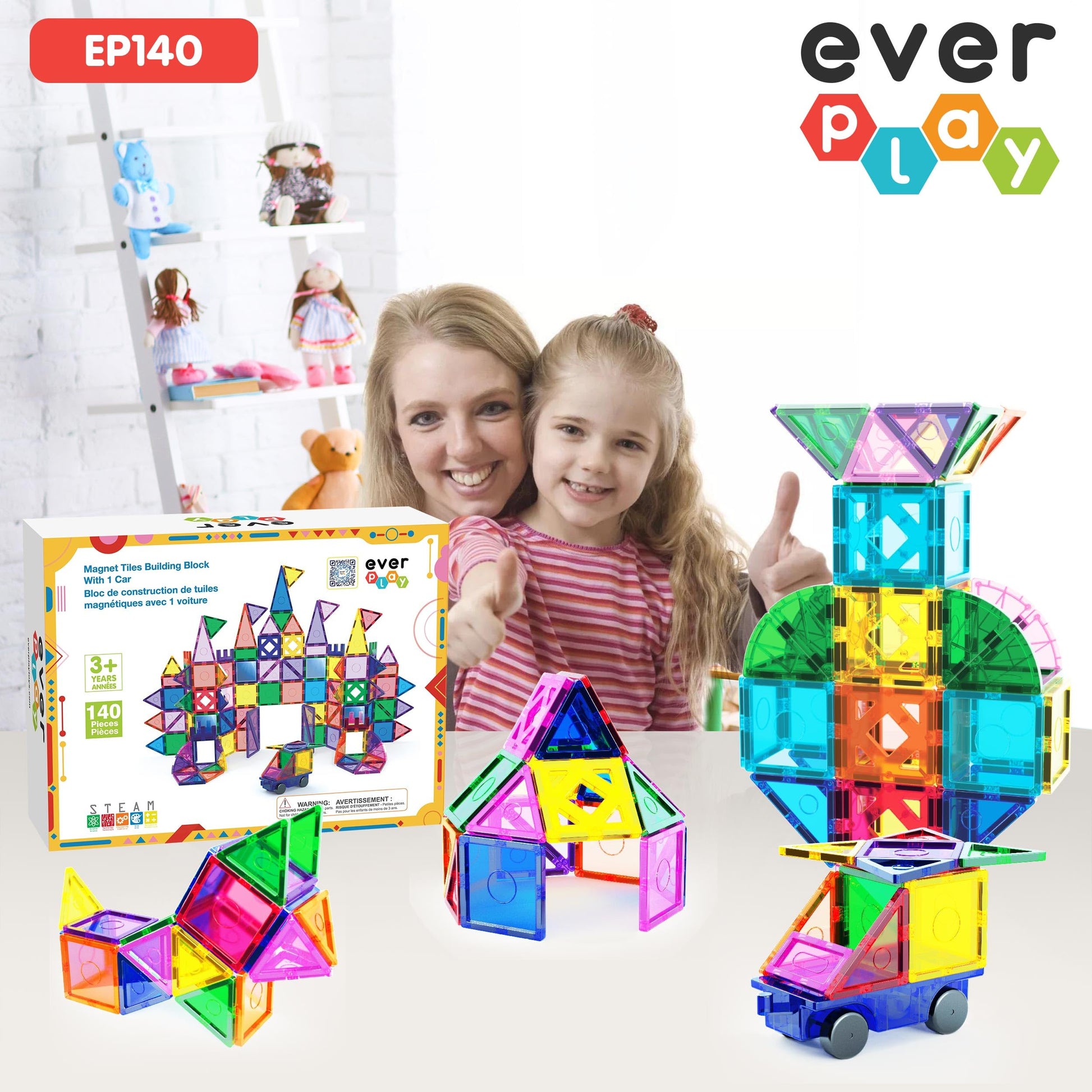 Everplay 140 pc Castle Rocket Magnetic Tiles with Car Set Building Block Toys STEM Educational Learning Magnet Toy Preschool Montessori Boys & Girls