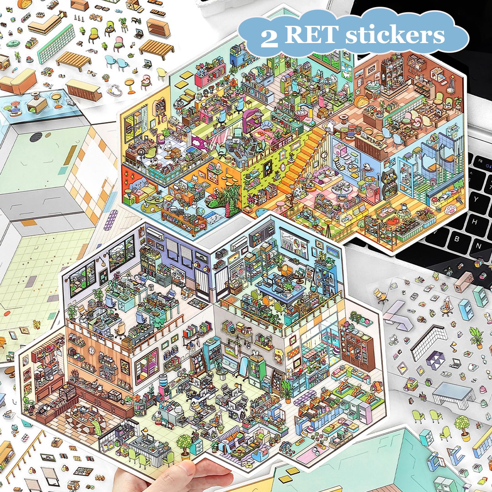 SZXYCZL Hard Mode Oversize Miniature Scene 2 Sets DIY 3D Stickers Scene Book Multiple Scenarios, Make You Own Mini Chinese House Sticker Therapy