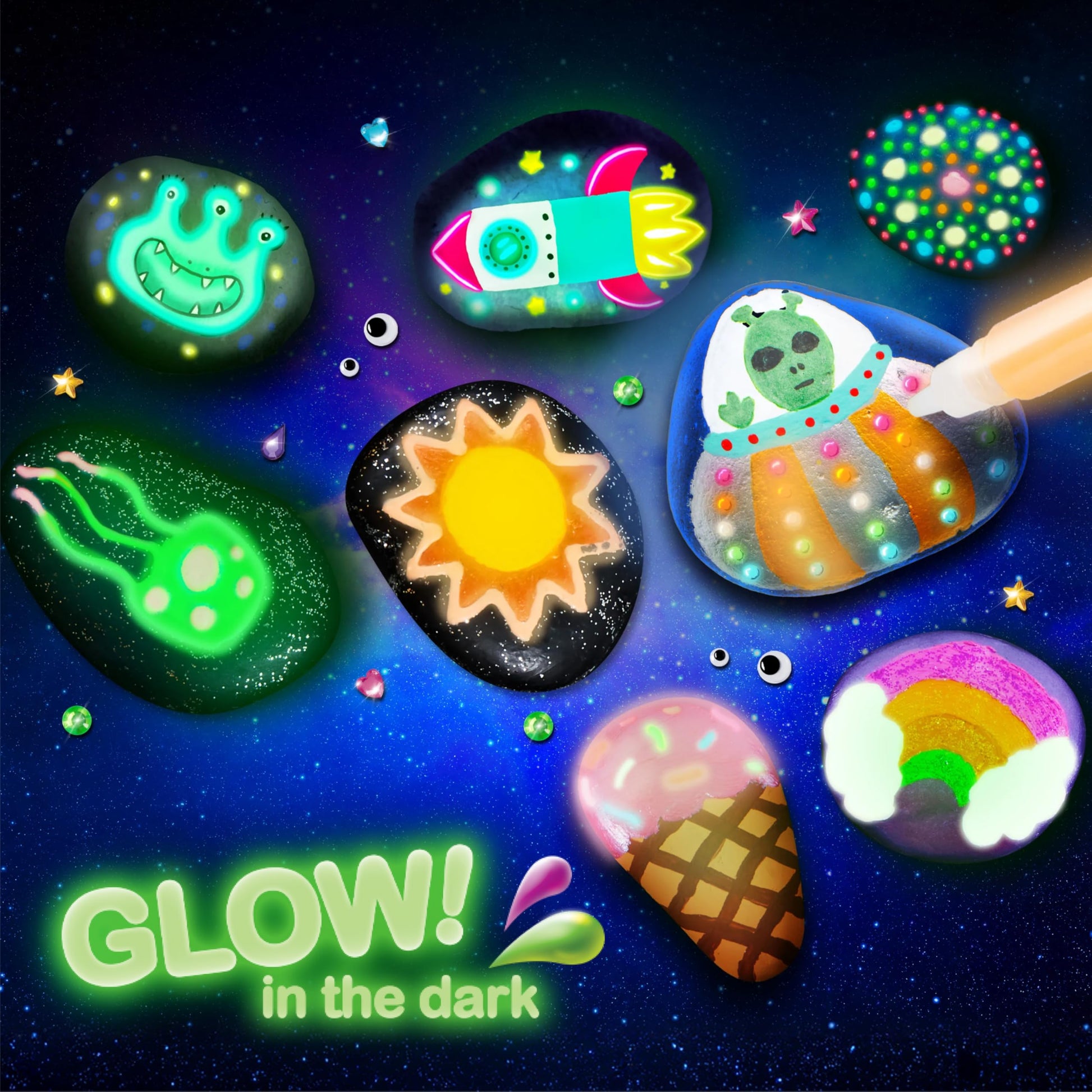 Rock Painting Kit- Glow in The Dark Rock Kit, Arts and Crafts for Kids Ages 6-12, Art Supplies Toy, Kids Craft Paint Kits, Arts & Crafts for Boys