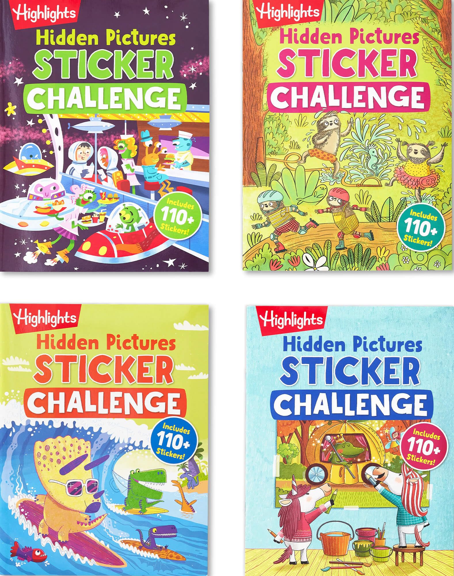 Highlights Hidden Pictures Sticker Challenge Sticker Book Set for Kids Ages 6 and Up, 4-Pack, 64 Pages of Seek and Find Activities, Double as Coloring