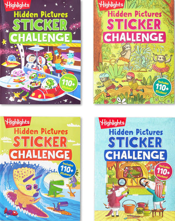 Highlights Hidden Pictures Sticker Challenge Sticker Book Set for Kids Ages 6 and Up, 4-Pack, 64 Pages of Seek and Find Activities, Double as Coloring