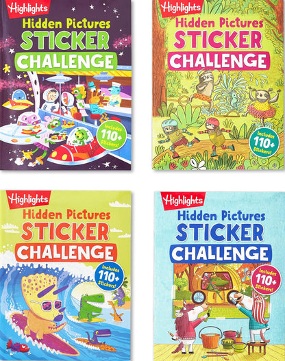 Highlights Hidden Pictures Sticker Challenge Sticker Book Set for Kids Ages 6 and Up, 4-Pack, 64 Pages of Seek and Find Activities, Double as Coloring