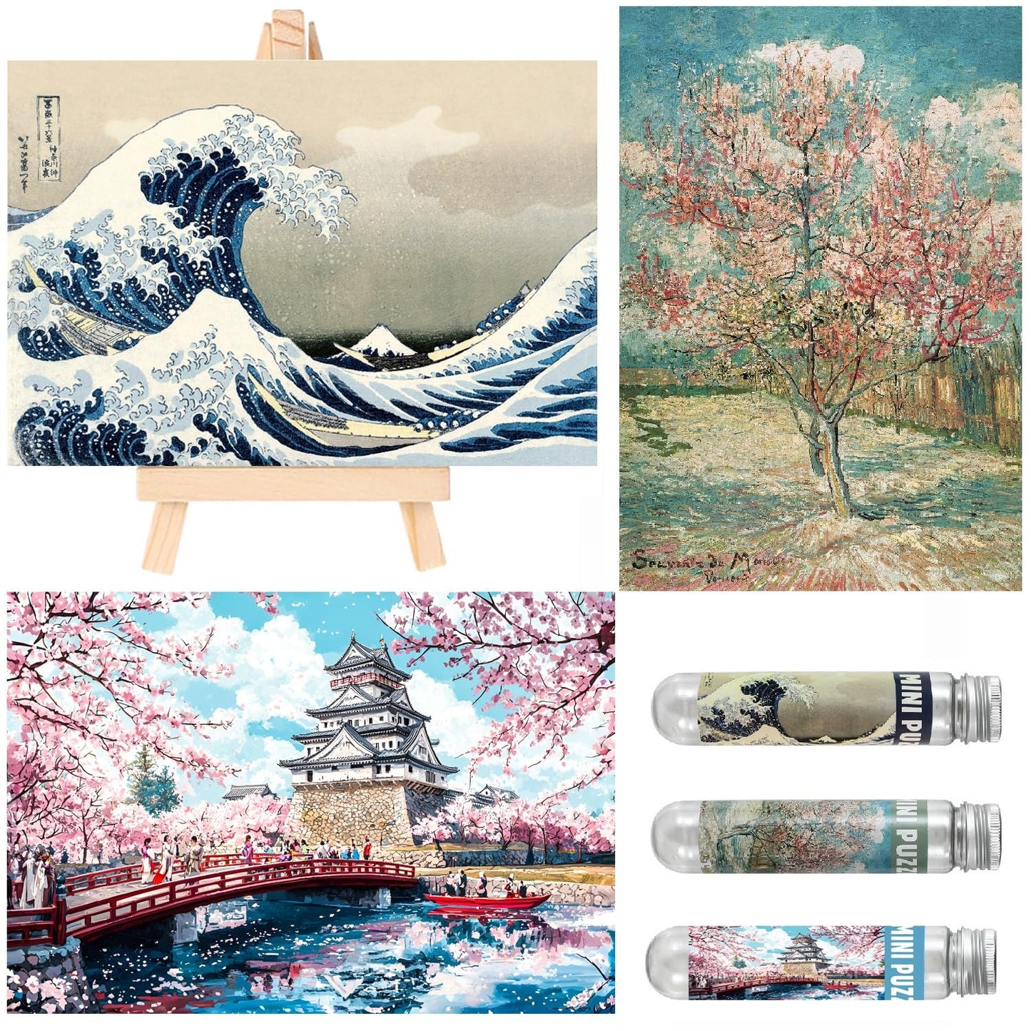 Small Jigsaw Puzzles for Adults 150 Pieces Mini Jigsaw Puzzles Challenging Castle Ukiyoe Sea Wave Tiny 6 x 4 Inches, 3 Pcs,Mini Easel Included